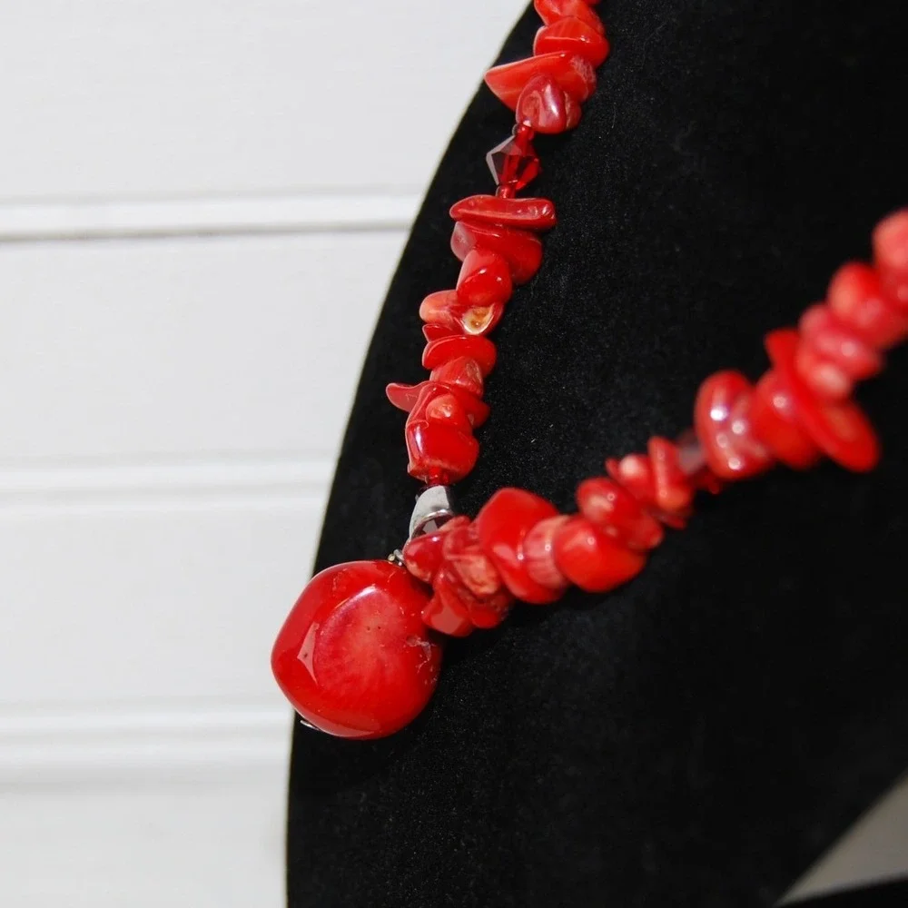 Vintage Sterling Silver Red Coral Necklace Swarovski Turquoise Adjustable Choker